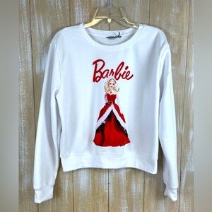 BARBIE DOLL IN XMAS DRESS WHITE CREWNECK SWEATSHIRT JUNIORS LARGE NWT